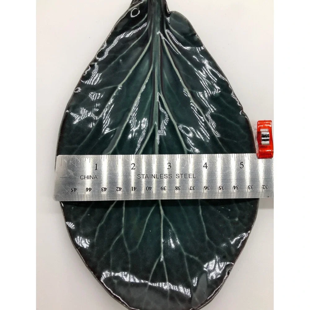 Dark Green Glazed Ceramic‎ Leaf Trinket Dish Botanical Decorative Platter 9 Inch